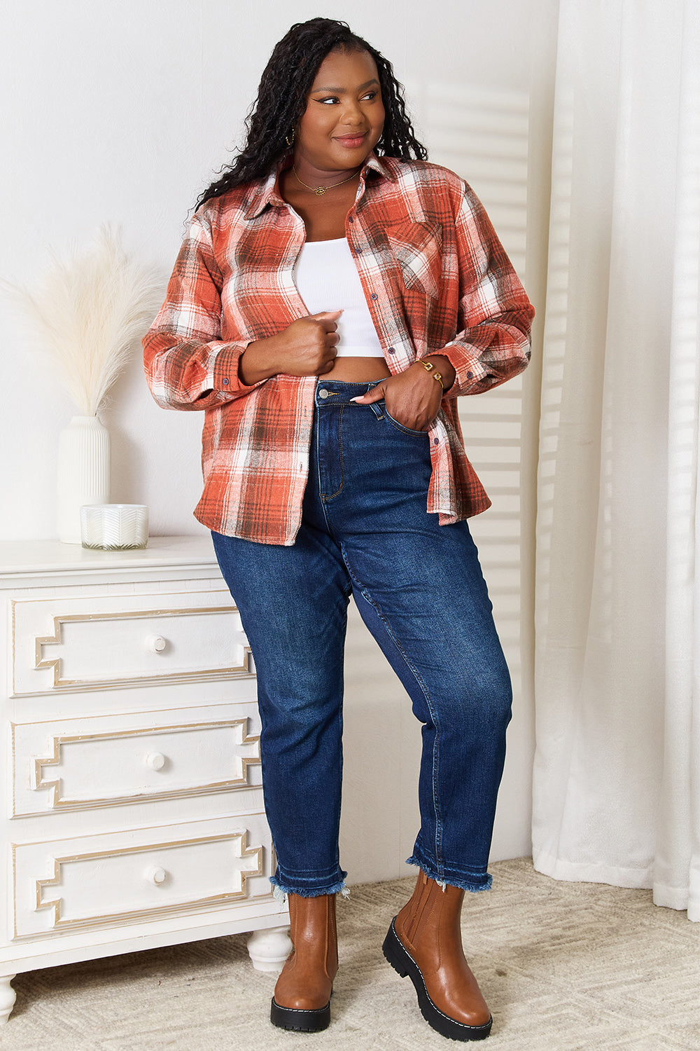 Double Take Plaid Collared Neck Long Sleeve Shirt Double Take Plaid Collared Neck Long Sleeve Shirt - TopFashionHQ