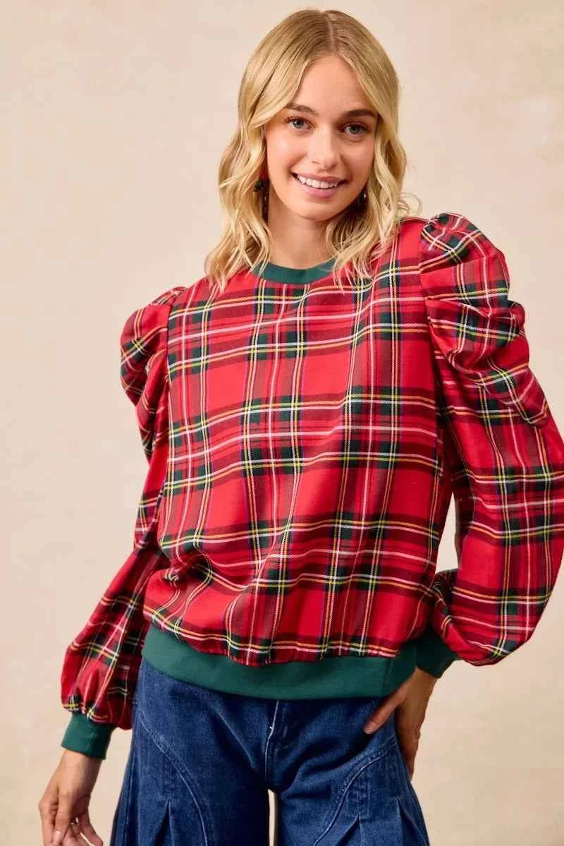 BiBi Christmas Plaid Exaggerated Shoulder Sleeves Top BiBi Christmas Plaid Exaggerated Shoulder Sleeves Top