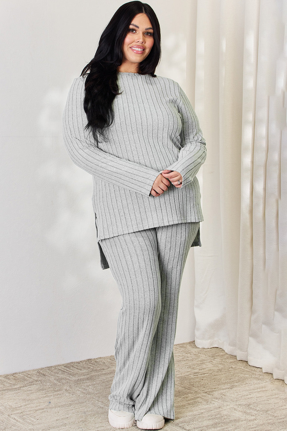 Basic Bae Full Size Ribbed High-Low Top and Wide Leg Pants Set Basic Bae Full Size Ribbed High-Low Top and Wide Leg Pants Set - TopFashionHQ