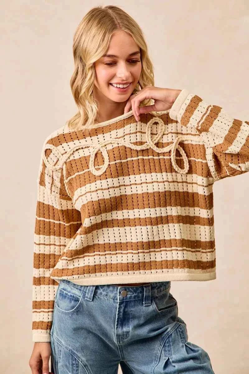 BiBi Striped Open Knit Sweater Top with Front Braided Detail BiBi Striped Open Knit Sweater Top with Front Braided Detail
