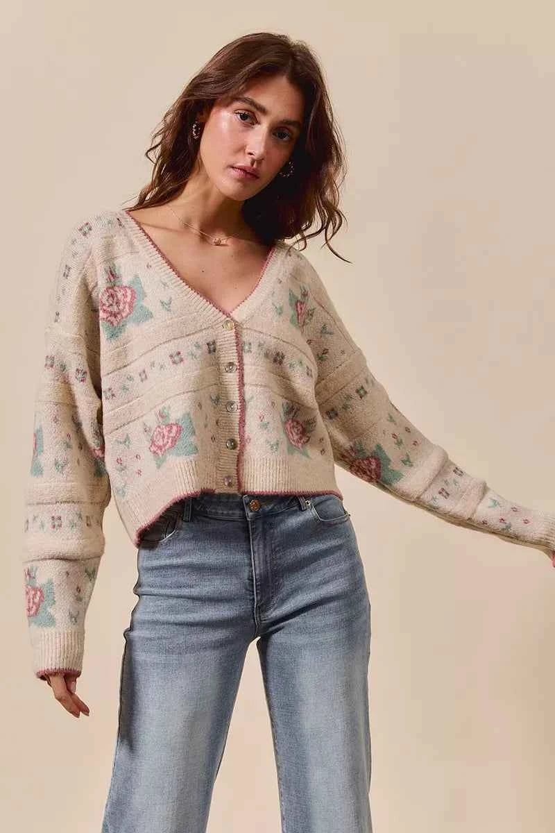 SO ME Floral Pattern Long Sleeve Button Sweater Cardigan SO ME Floral Pattern Long Sleeve Button Sweater Cardigan