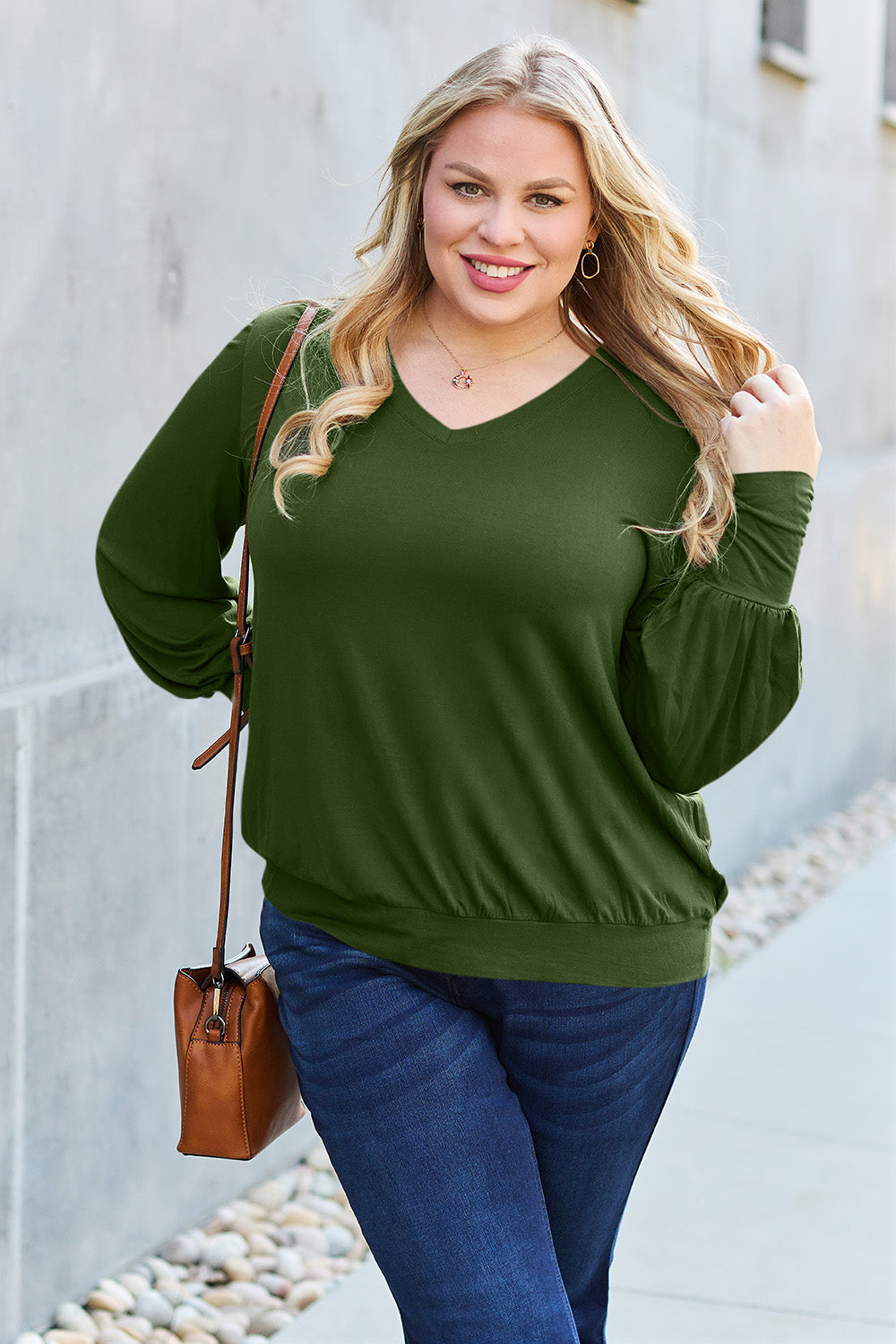 Basic Bae Full Size V-Neck Lantern Sleeve Blouse Basic Bae Full Size V-Neck Lantern Sleeve Blouse - TopFashionHQ
