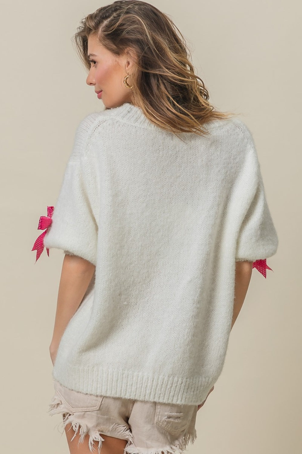BiBi Sequin Bow Puff Sleeve Sweater BiBi Sequin Bow Puff Sleeve Sweater - TopFashionHQ