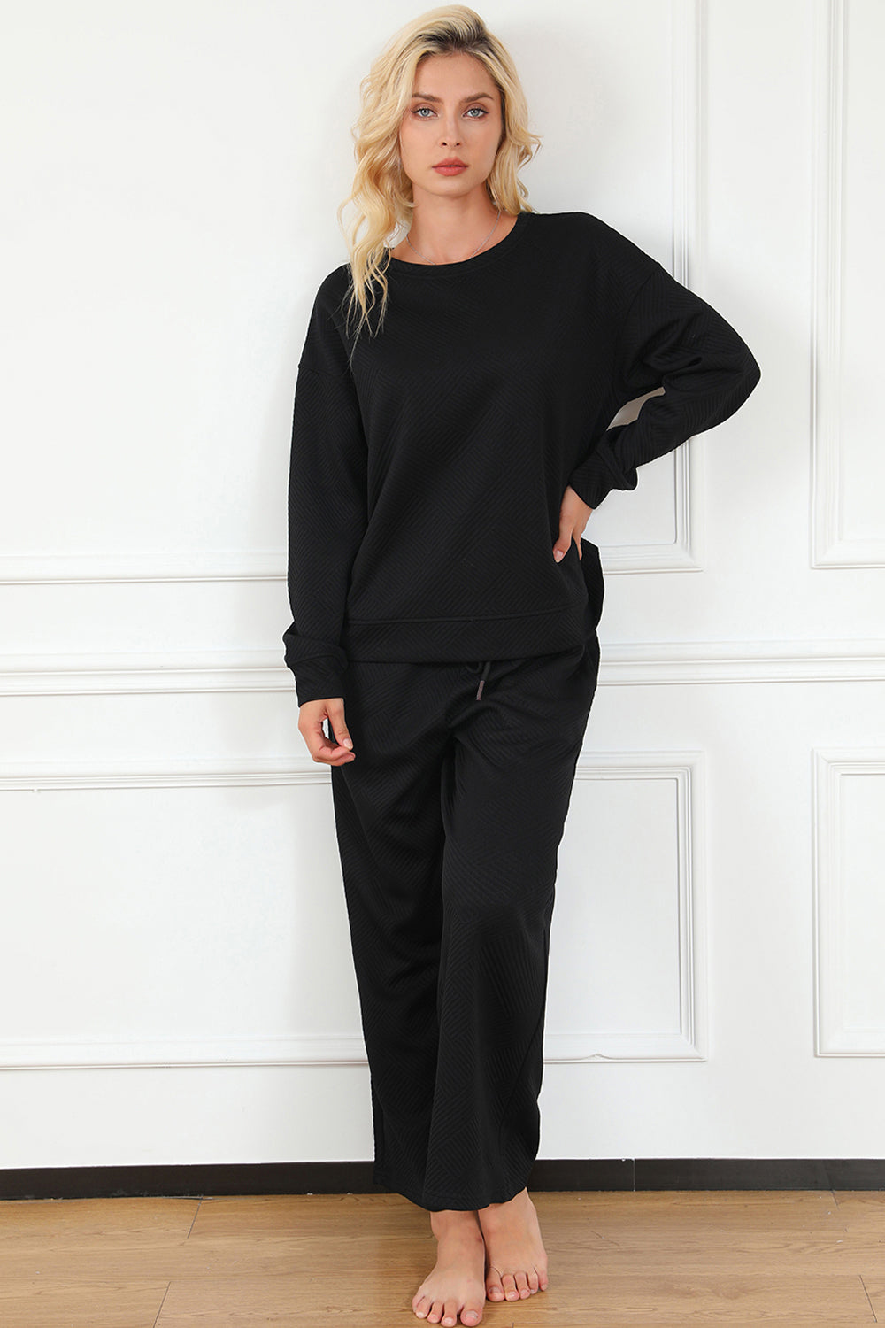 Double Take Full Size Textured Long Sleeve Top and Drawstring Pants Set Double Take Full Size Textured Long Sleeve Top and Drawstring Pants Set - TopFashionHQ
