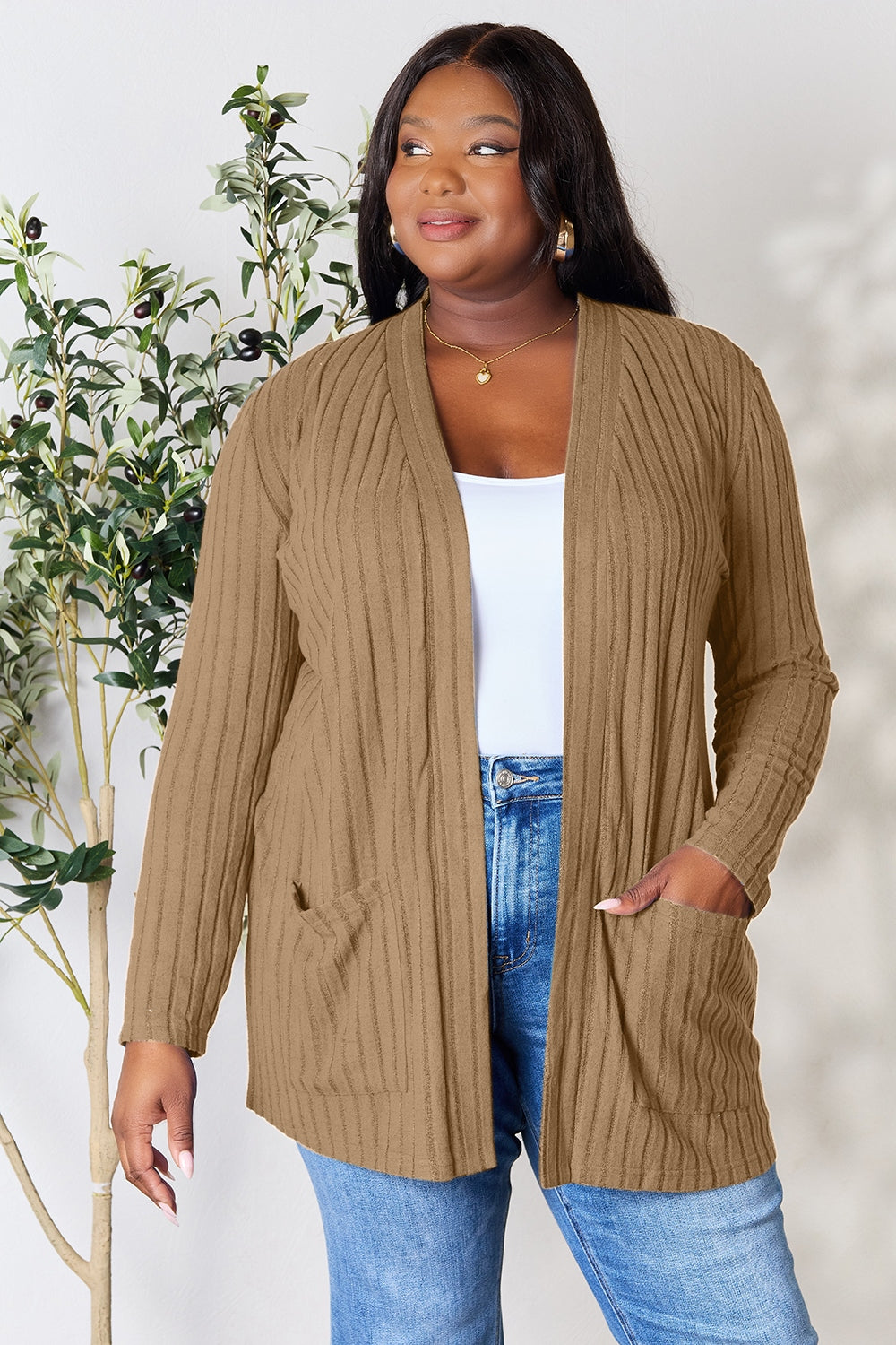 Basic Bae Full Size Ribbed Open Front Cardigan with Pockets Basic Bae Full Size Ribbed Open Front Cardigan with Pockets - TopFashionHQ