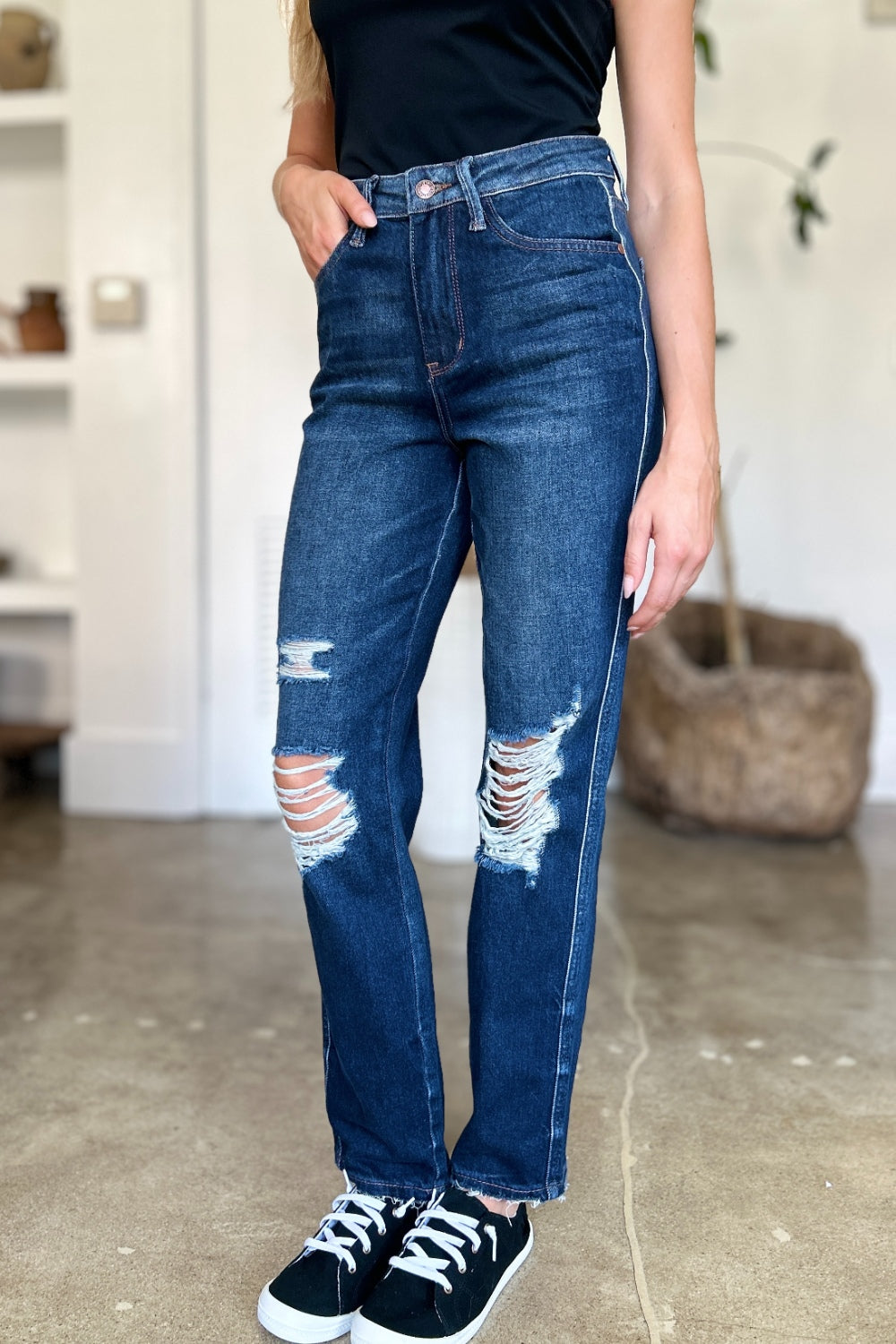 Judy Blue Full Size High Waist Rigid Magic Heavy Destroy Straight Jeans Judy Blue Full Size High Waist Rigid Magic Heavy Destroy Straight Jeans - TopFashionHQ