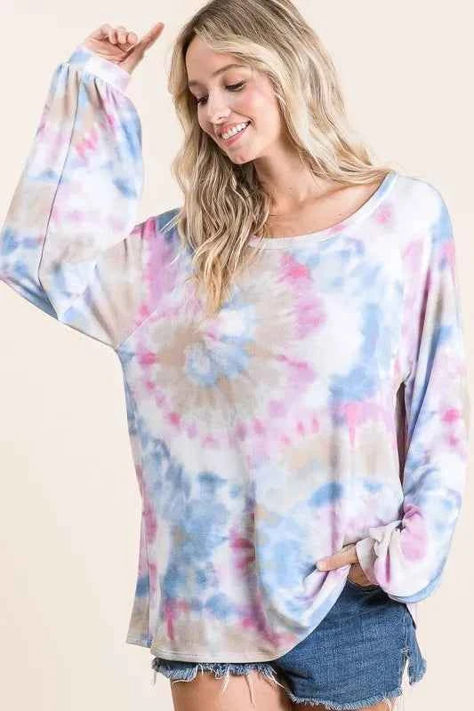 BiBi Tie Dye Print Terry Top With Puff Sleeves BiBi Tie Dye Print Terry Top With Puff Sleeves