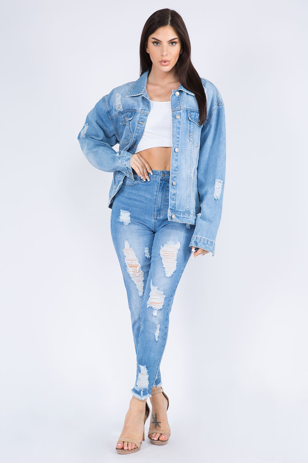 American Bazi Full Size Painted Back Distressed Denim Jacket American Bazi Full Size Painted Back Distressed Denim Jacket - TopFashionHQ