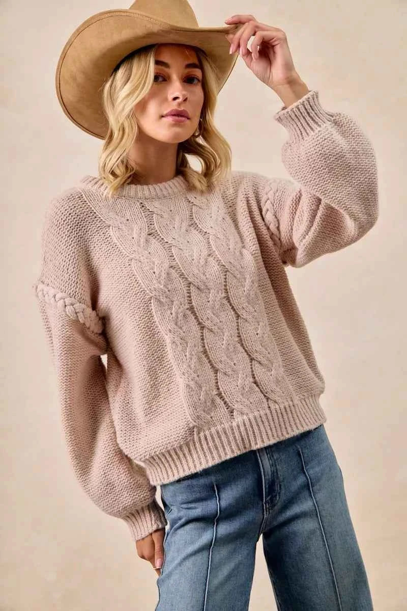 BiBi Cable Knit Sweater with Shoulder Braid Detail BiBi Cable Knit Sweater with Shoulder Braid Detail
