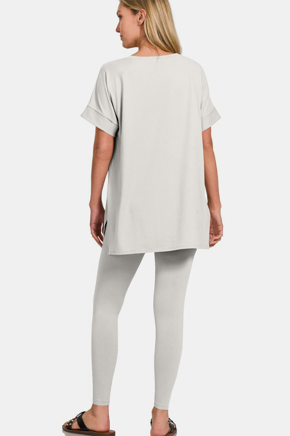 Zenana V-Neck Rolled Short Sleeve T-Shirt and Leggings Lounge Set Zenana V-Neck Rolled Short Sleeve T-Shirt and Leggings Lounge Set - TopFashionHQ