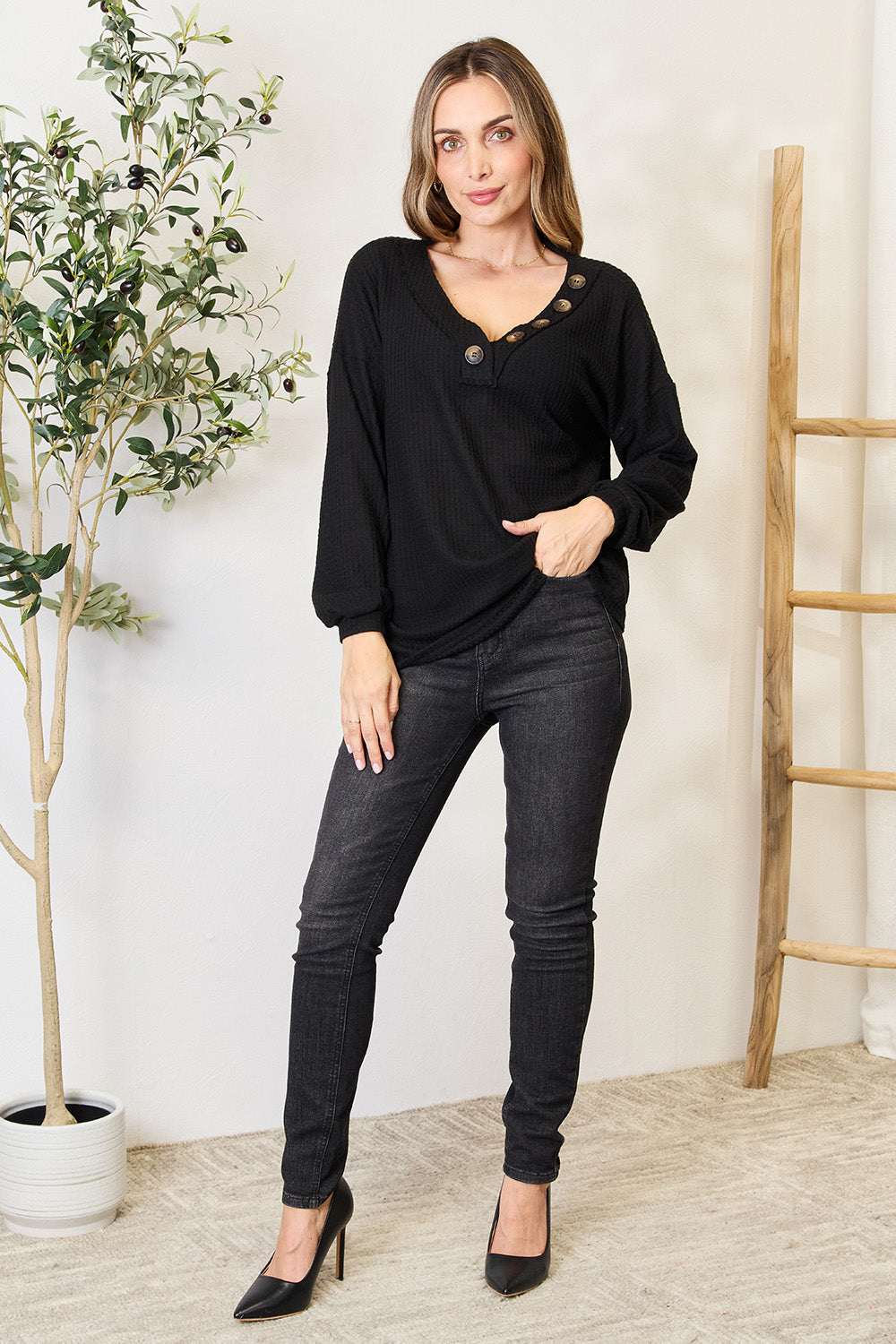 Zenana Buttoned Long Sleeve Blouse Zenana Buttoned Long Sleeve Blouse - TopFashionHQ