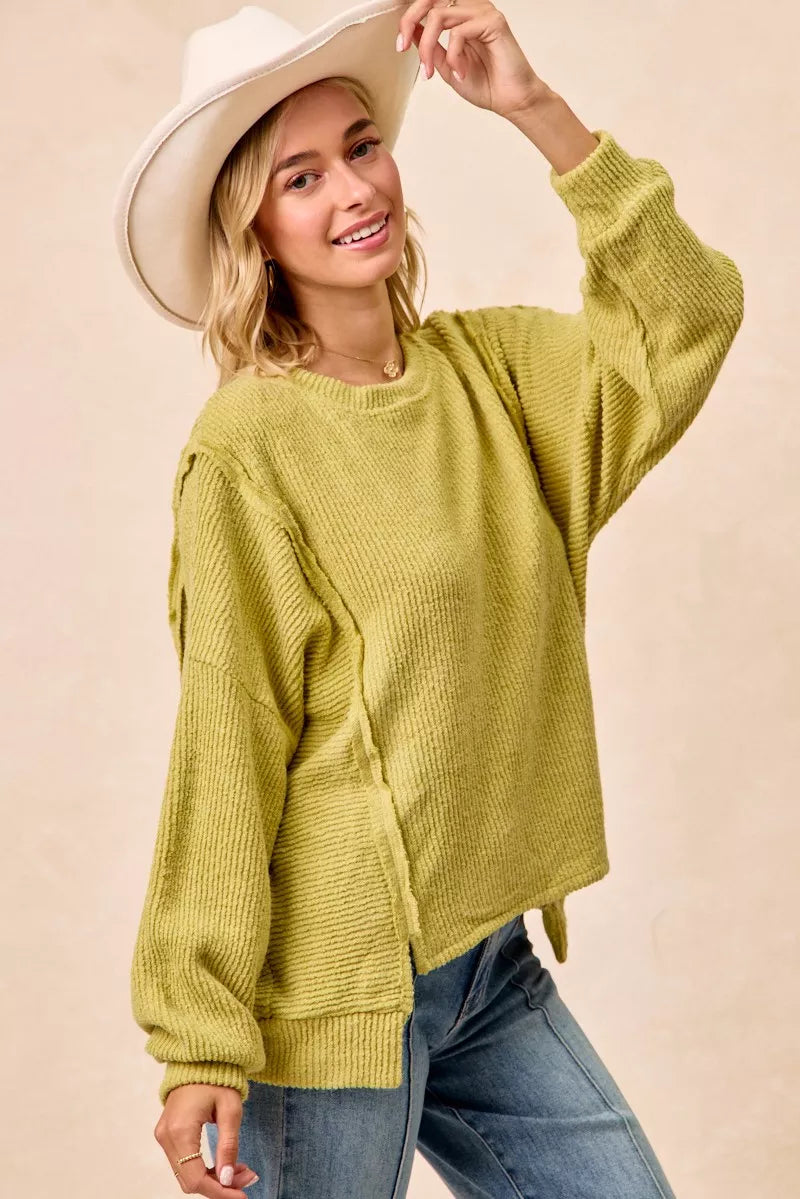 BiBi Boucle Rib Knit Uneven Hem Sweater With Open Seam dcc73ae056ad432b9d7680c901a73961-Max-Origin