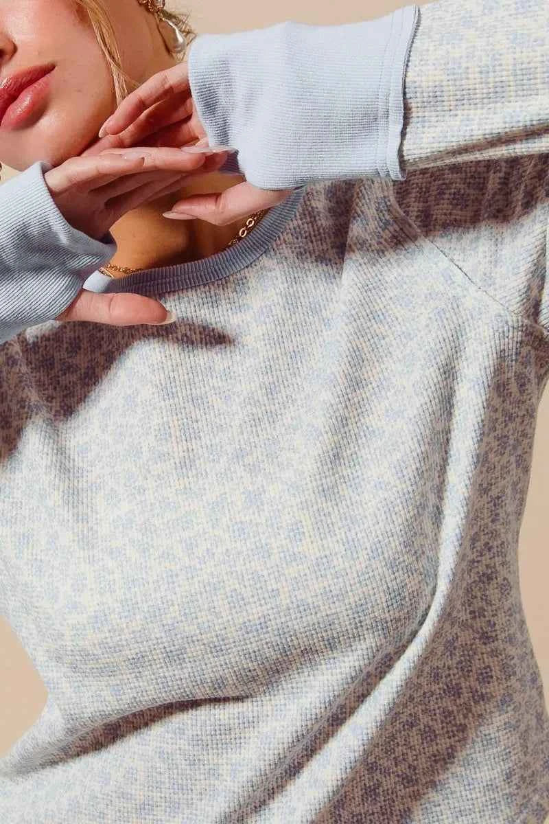 SO ME Textued Floral Knit Top with Contrast Cuffs SO ME Textued Floral Knit Top with Contrast Cuffs