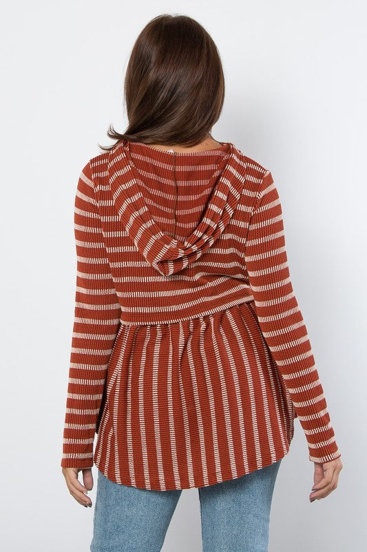 Be Stage Full Size Drawstring Striped Babydoll Hoodie Be Stage Full Size Drawstring Striped Babydoll Hoodie - TopFashionHQ