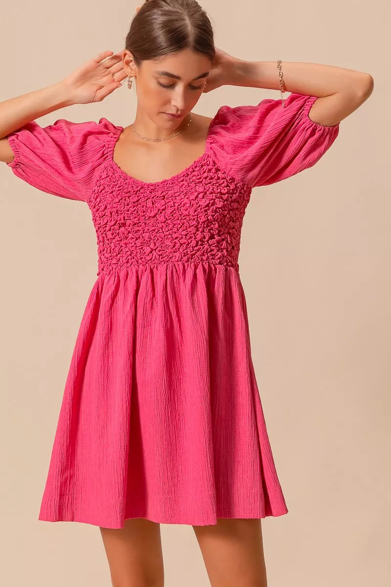 SO ME Textured Woven Daily Dress with Puff Sleeves dcf6d437-7636-4955-9ba8-8b0009195c76-Max-Origin