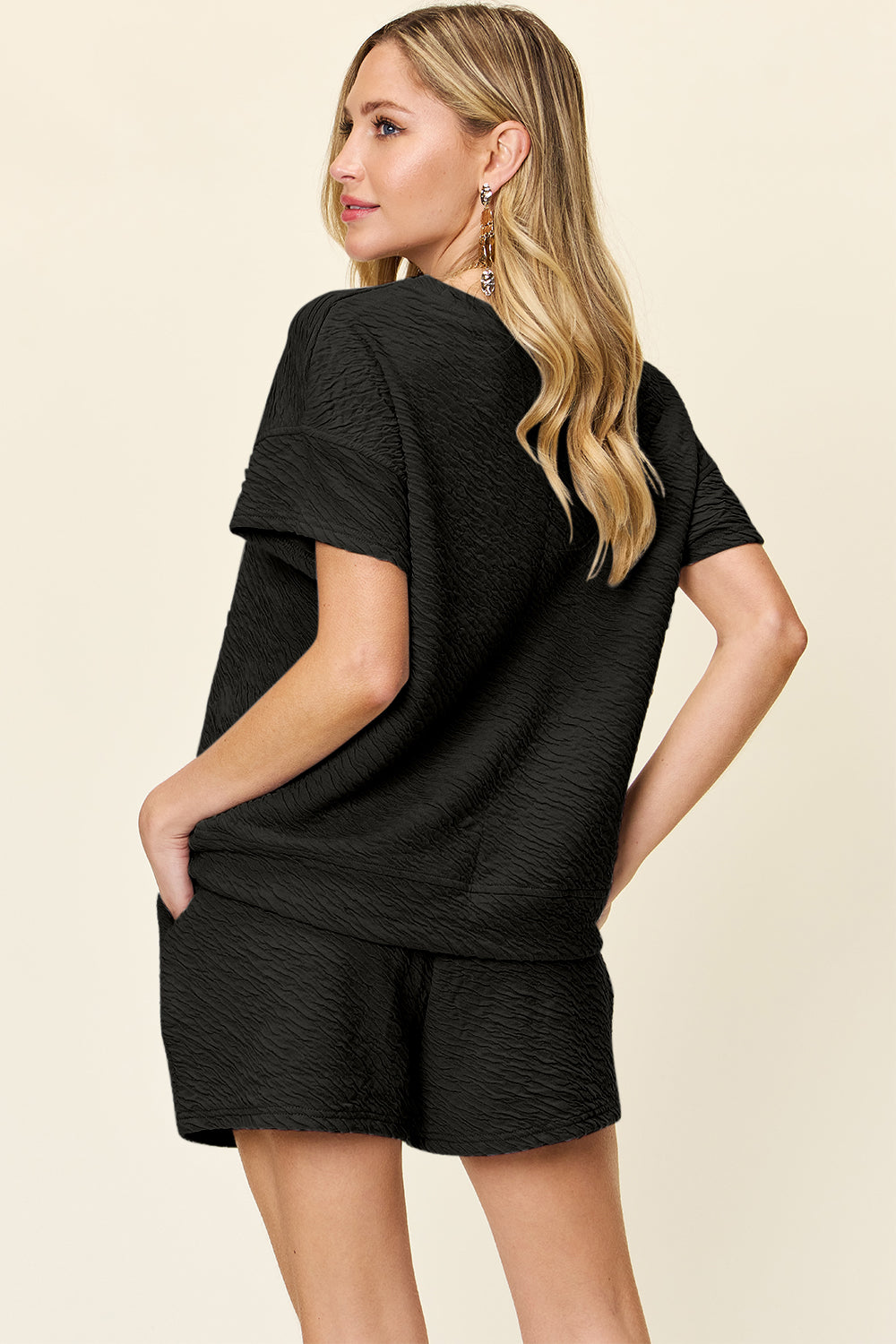 Double Take Full Size Texture Short Sleeve T-Shirt and Drawstring Shorts Set Double Take Full Size Texture Short Sleeve T-Shirt and Drawstring Shorts Set