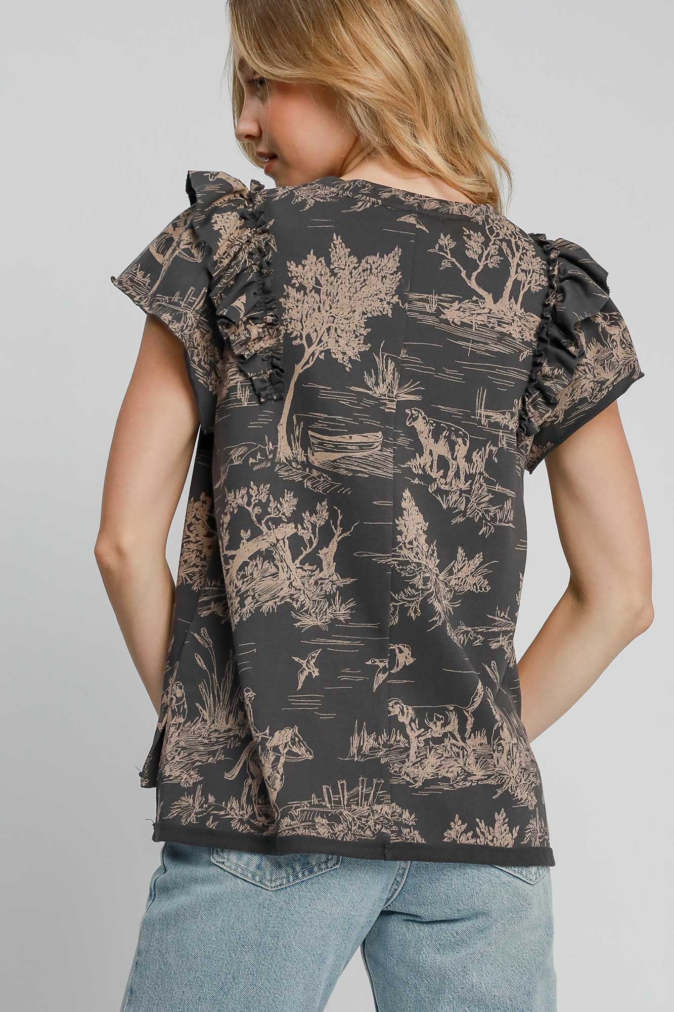 Umgee Ruffled Landscape Print Short Sleeve French Terry Top Umgee Ruffled Landscape Print Short Sleeve French Terry Top - TopFashionHQ