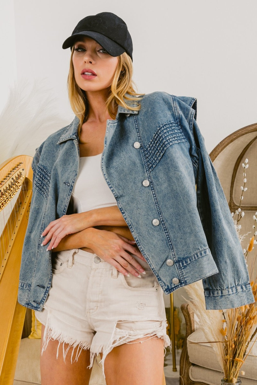 BiBi Button Up Long Sleeve Denim Jacket BiBi Button Up Long Sleeve Denim Jacket - TopFashionHQ