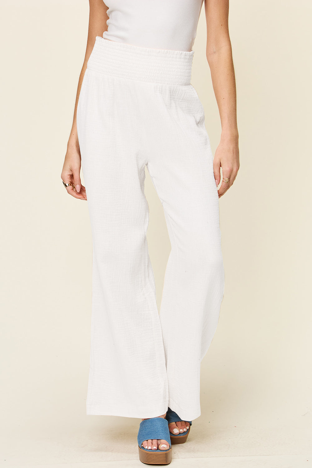 Double Take Full Size Texture Smocked Waist Wide Leg Pants Double Take Full Size Texture Smocked Waist Wide Leg Pants