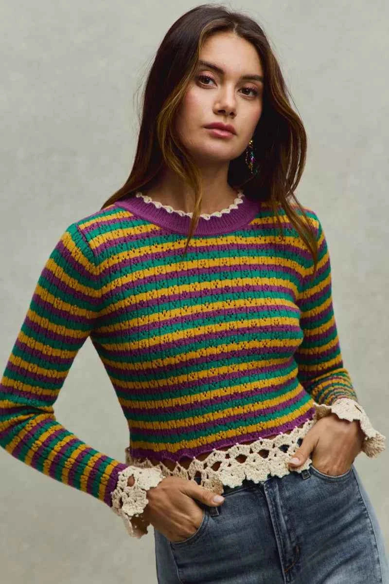 SO ME Mardi Gras Striped Cropped Knit Top with Crochet Edge SO ME Mardi Gras Striped Cropped Knit Top with Crochet Edge
