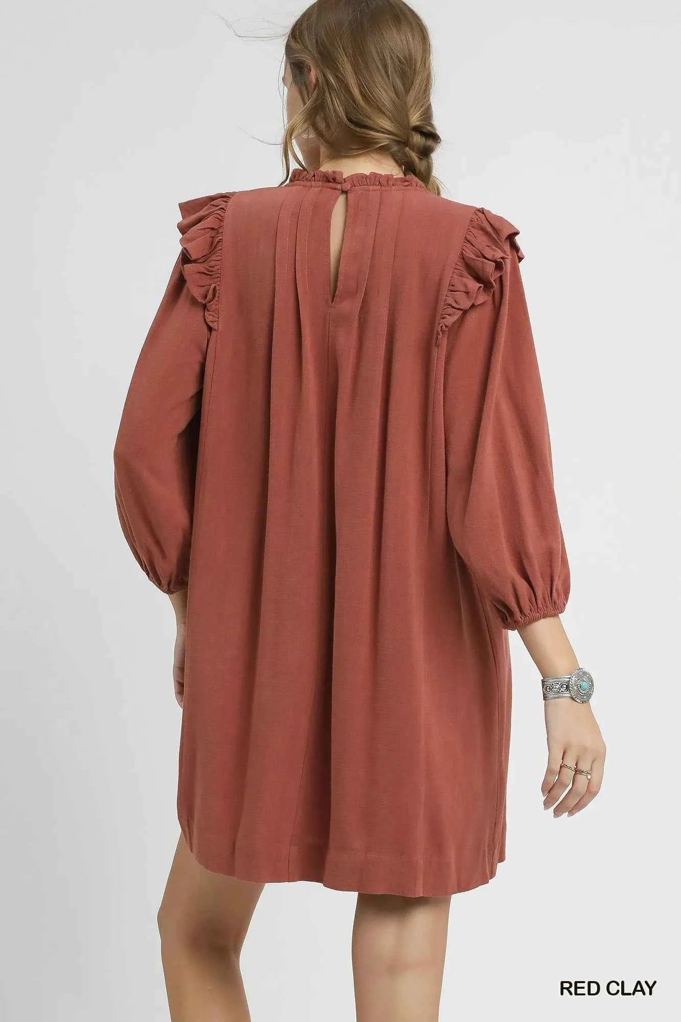 Umgee Linen Ruffle Shoulder Pleated Babydoll Dress Umgee Linen Ruffle Shoulder Pleated Babydoll Dress