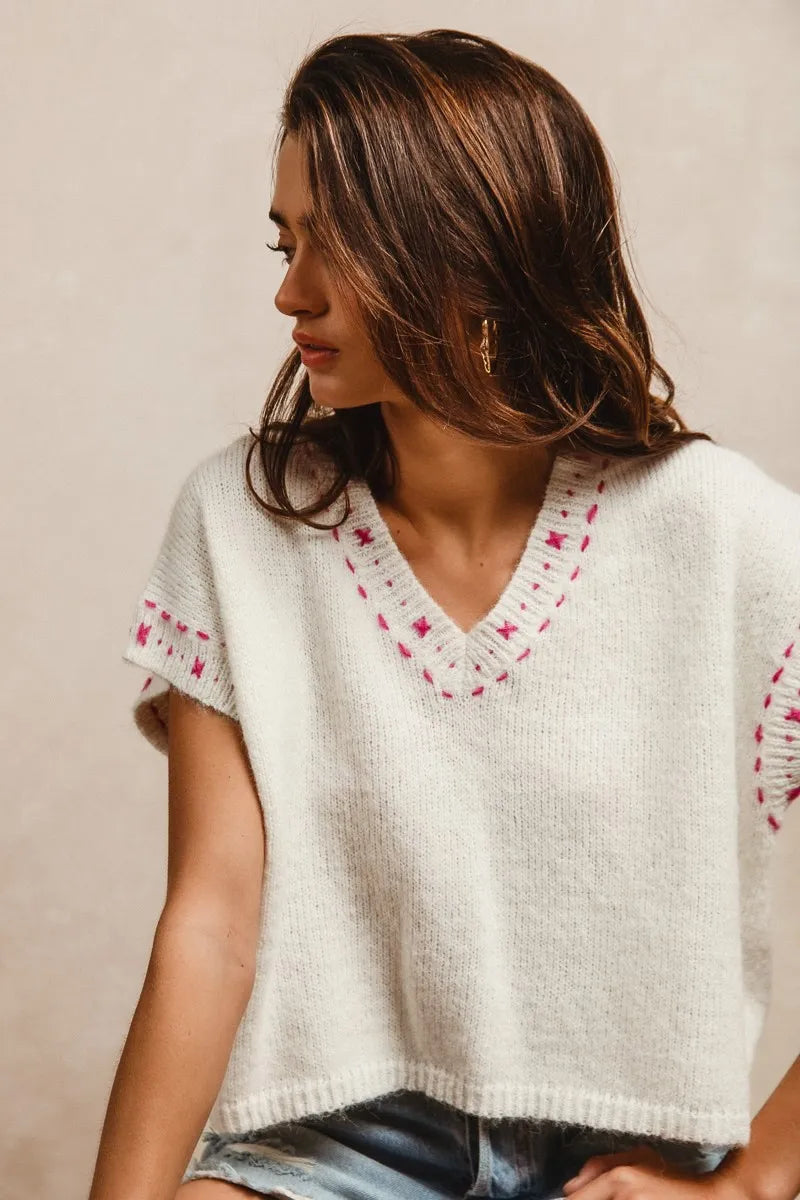 BiBi Knit Solid Contrast Stitch Detail Short Sleeves Sweater dd7423307ef444d58a5b19b9c040481d-Max-Origin