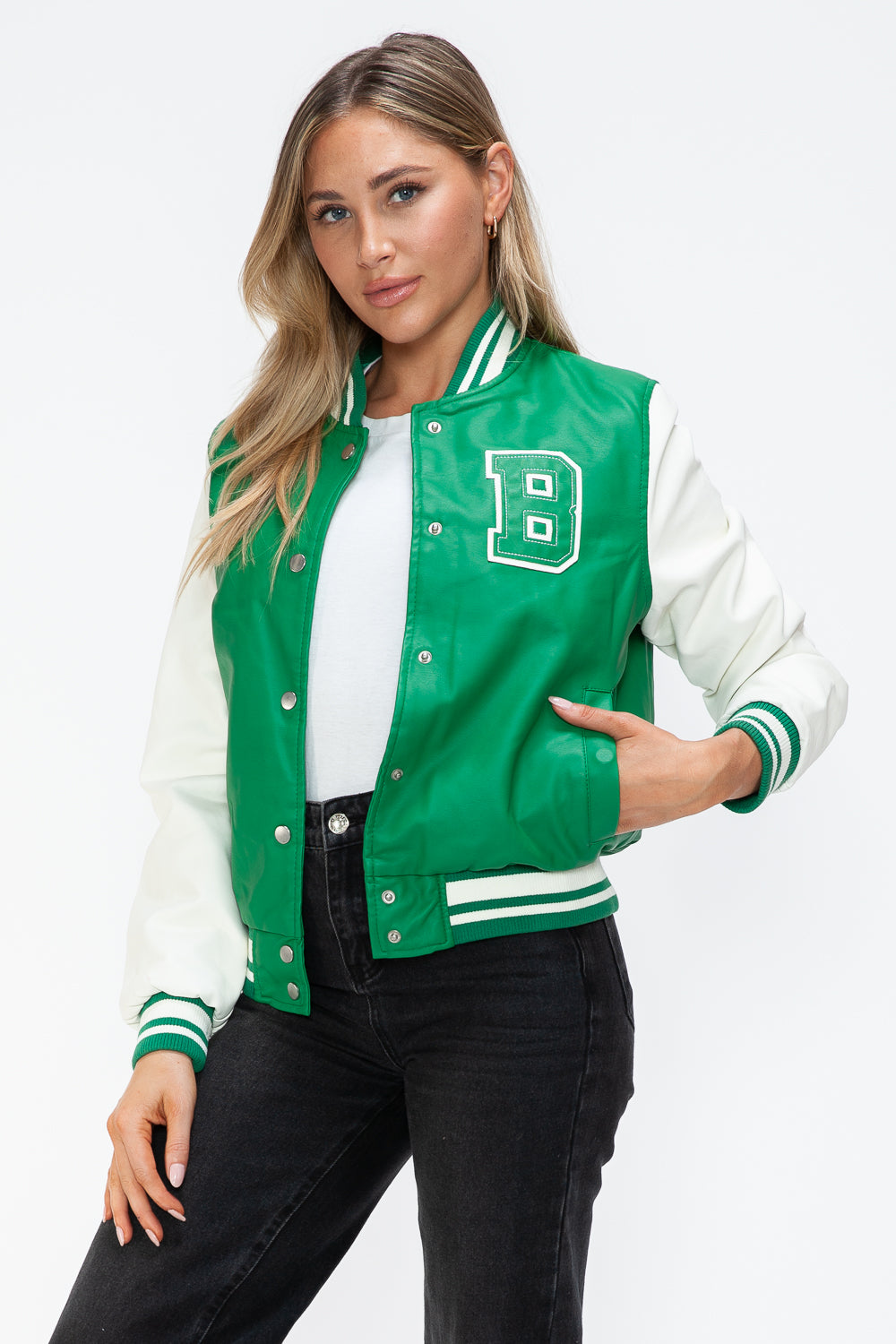 Love Me Now PU Leather Contrast Snap Down Bomber Jacket Love Me Now PU Leather Contrast Snap Down Bomber Jacket - TopFashionHQ