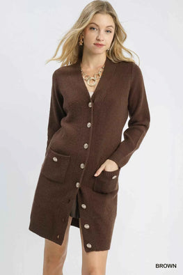 Umgee Button-Down Longline Sweater Cardigan with Front Pockets