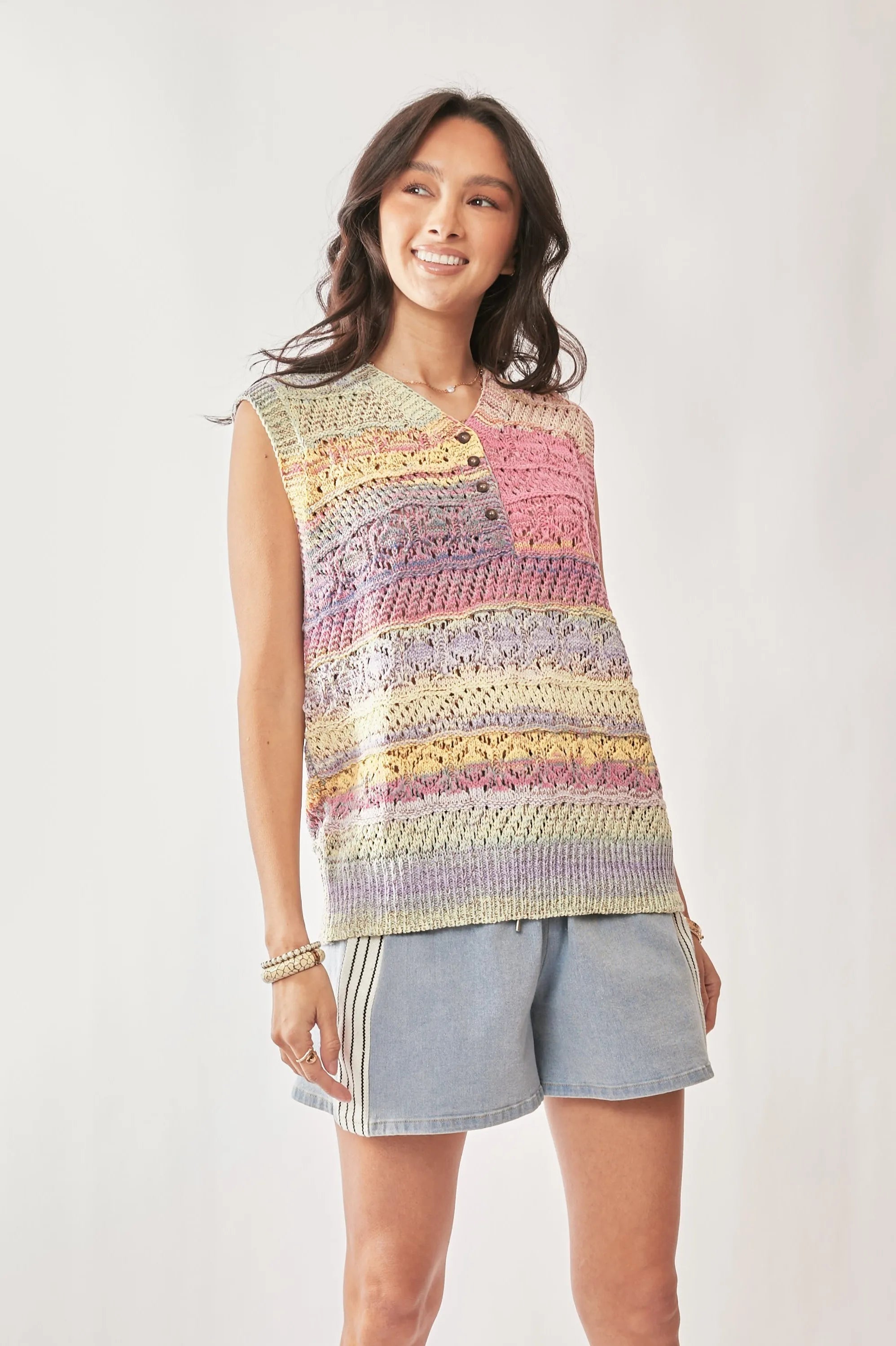 Davi & Dani Multi Color Crochet Sleeveless Knit Vest Top dda88e5c91bd40d69f468319a959d66c-Max-Origin