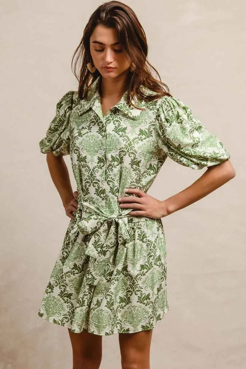 BiBi Tied Floral Short Sleeve Mini Shirt Dress BiBi Tied Floral Short Sleeve Mini Shirt Dress