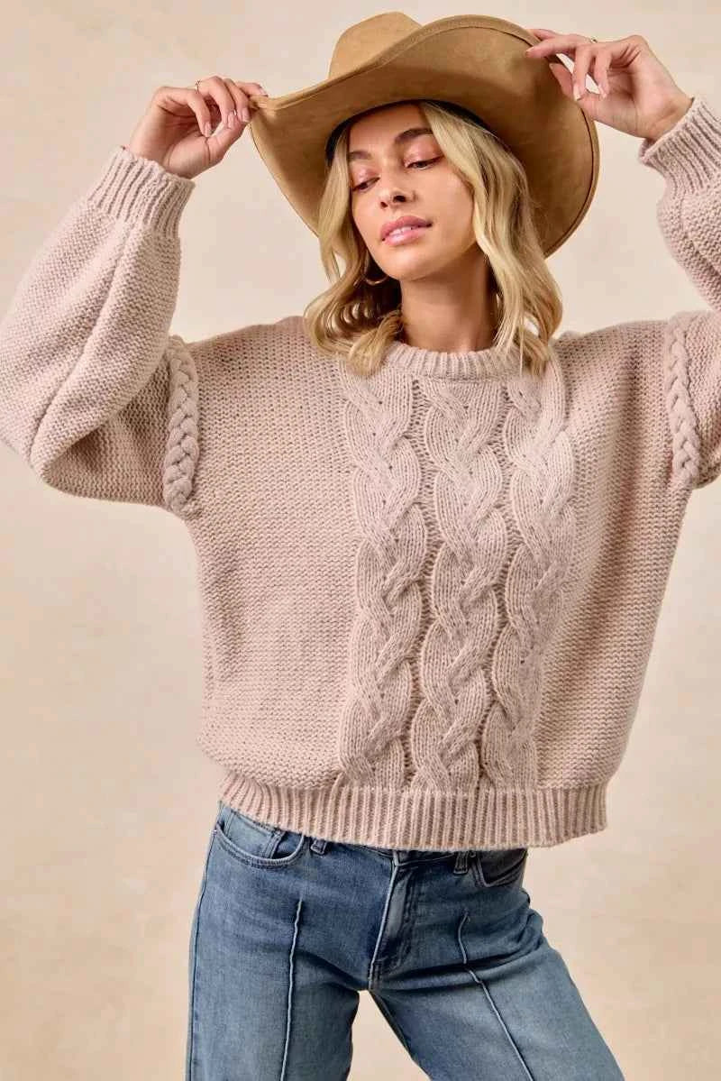 BiBi Cable Knit Sweater with Shoulder Braid Detail BiBi Cable Knit Sweater with Shoulder Braid Detail