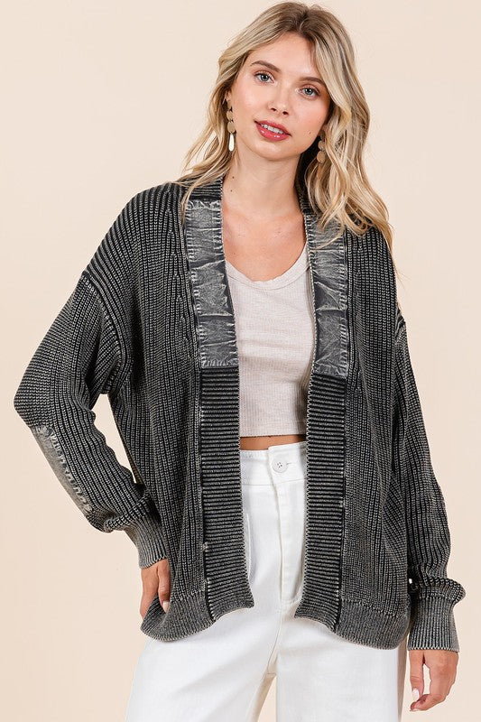 Mittoshop Contrast Patch Open Front Mineral Wash Cardigan Mittoshop Contrast Patch Open Front Mineral Wash Cardigan - TopFashionHQ