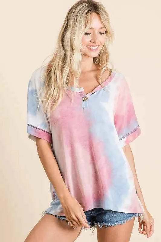 BiBi Tie Dye French Terry Top With Buttoned Placket BiBi Tie Dye French Terry Top With Buttoned Placket