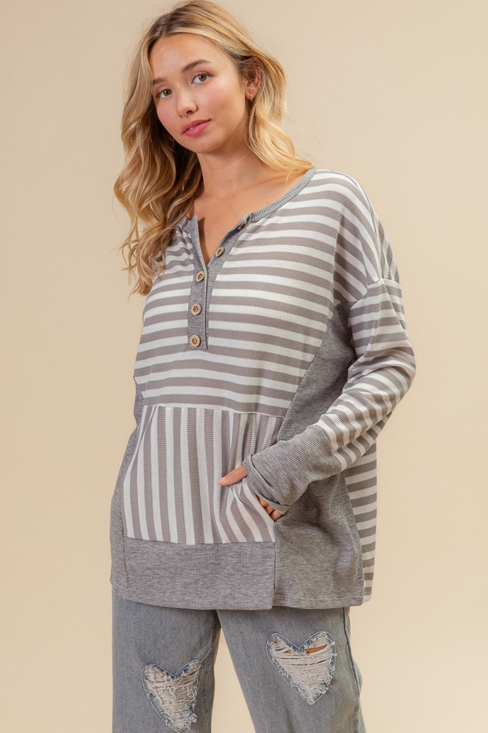 BiBi Striped Thumbhole Long Sleeve Top BiBi Striped Thumbhole Long Sleeve Top - TopFashionHQ
