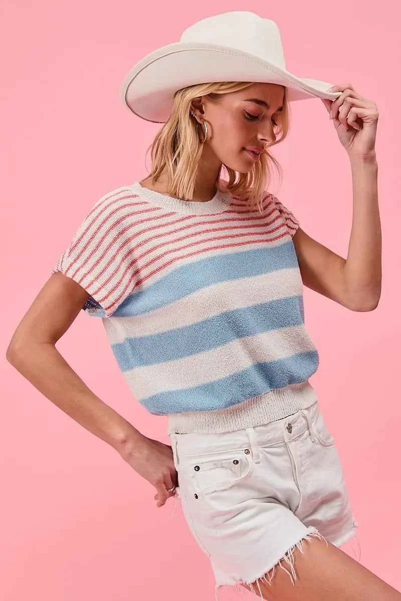 BiBi Stripes Lightweight Short Sleeve Sweater BiBi Stripes Lightweight Short Sleeve Sweater