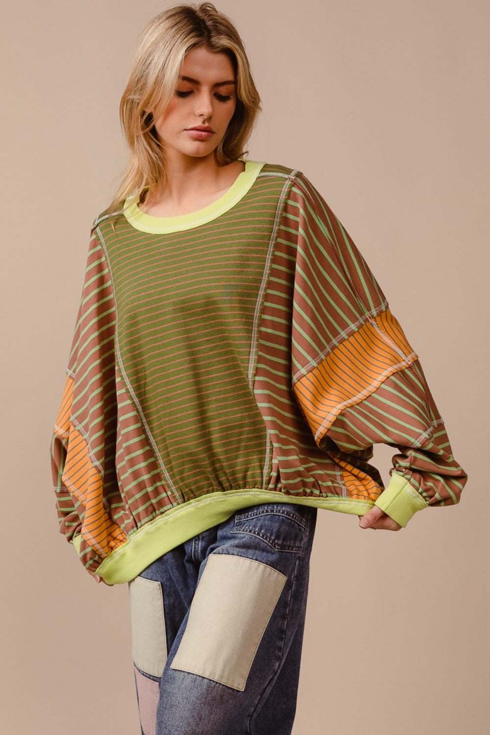 BiBi Color Block Striped Round Neck Sweatshirt BiBi Color Block Striped Round Neck Sweatshirt