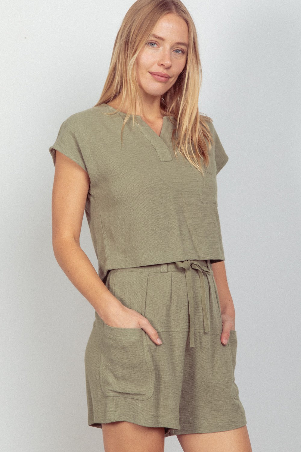 VERY J Woven Cropped Top & Waist Tie Shorts Set VERY J Woven Cropped Top & Waist Tie Shorts Set - TopFashionHQ