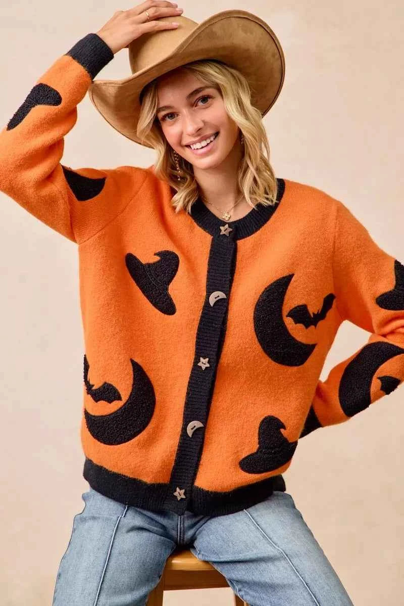 BiBi Halloween Witch Hat Moon Bat Artwork Cardigan BiBi Halloween Witch Hat Moon Bat Artwork Cardigan