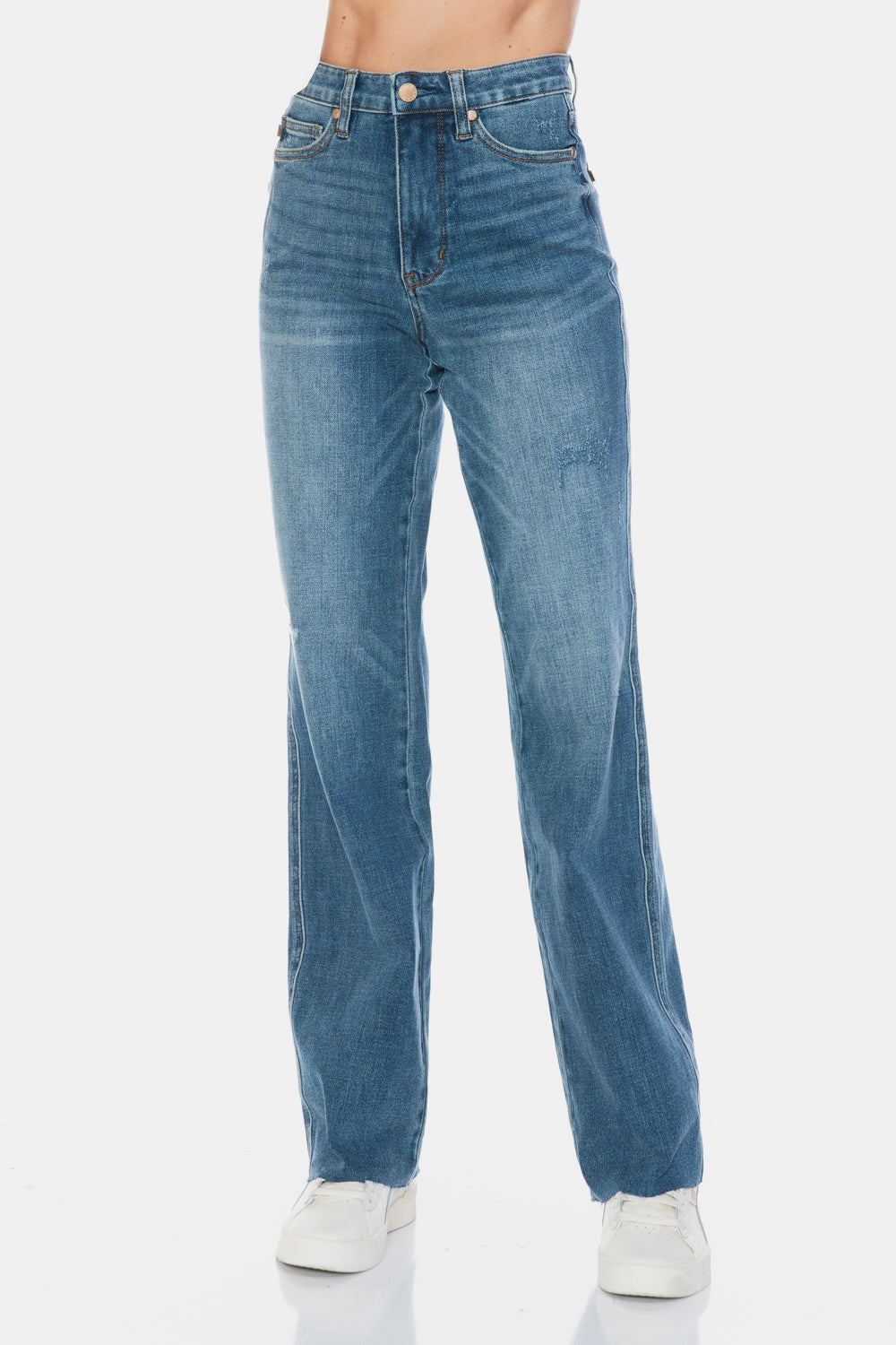 Judy Blue Full Size Tummy Control Cut Raw Hem Straight Jeans Judy Blue Full Size Tummy Control Cut Raw Hem Straight Jeans - TopFashionHQ