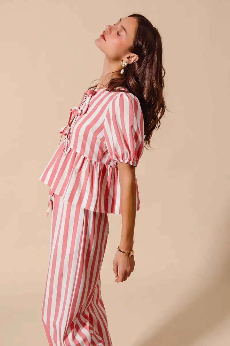 SO ME Front Tie Stripe Top With Puff Sleeves and Wide Leg Pants Set SO ME Front Tie Stripe Top With Puff Sleeves and Wide Leg Pants Set