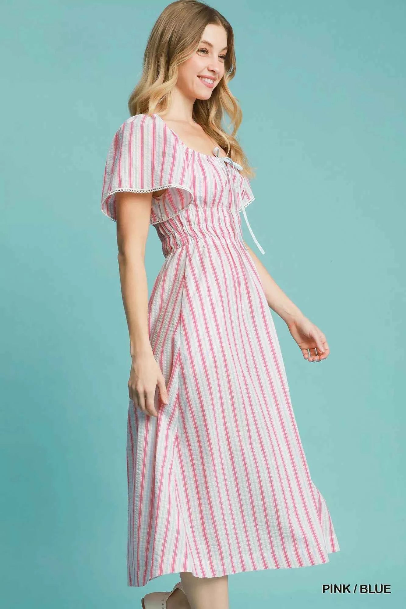 Umgee Smocked Striped Short Sleeve Midi Dress Umgee Smocked Striped Short Sleeve Midi Dress