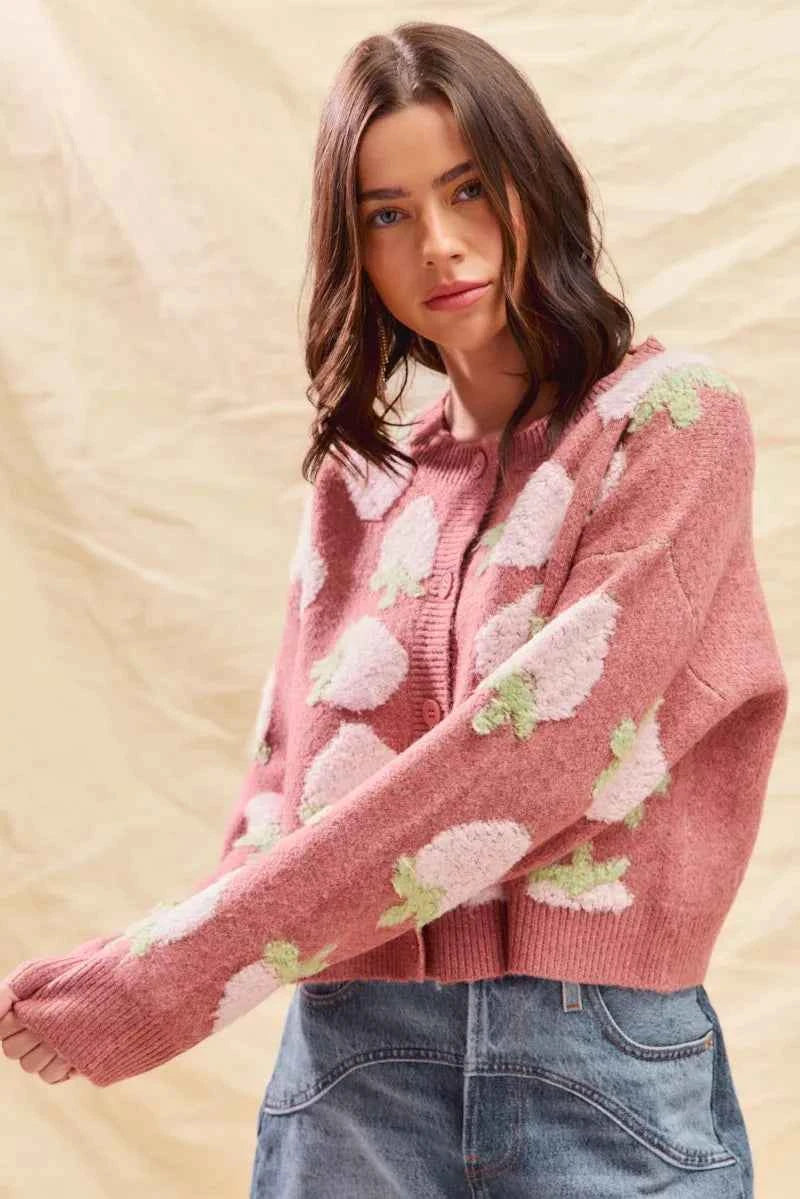 SO ME Strawberry Fruit All Over Button Sweater Cardigan SO ME Strawberry Fruit All Over Button Sweater Cardigan