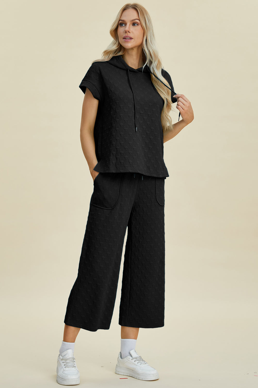Double Take Full Size Texture Drawstring Short Sleeve Hoodie and Pocketed Pants Set Double Take Full Size Texture Drawstring Short Sleeve Hoodie and Pocketed Pants Set