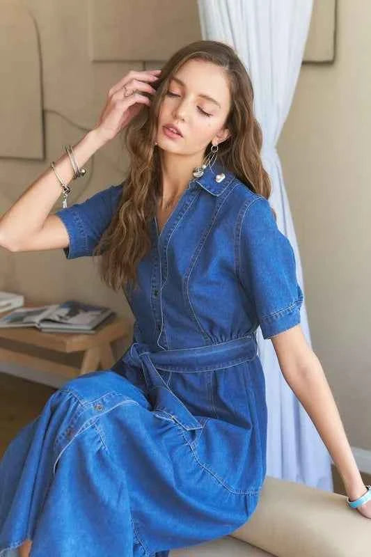 ADORA Tiered Button Down Tie Waist Short Sleeve Denim Dress ADORA Tiered Button Down Tie Waist Short Sleeve Denim Dress