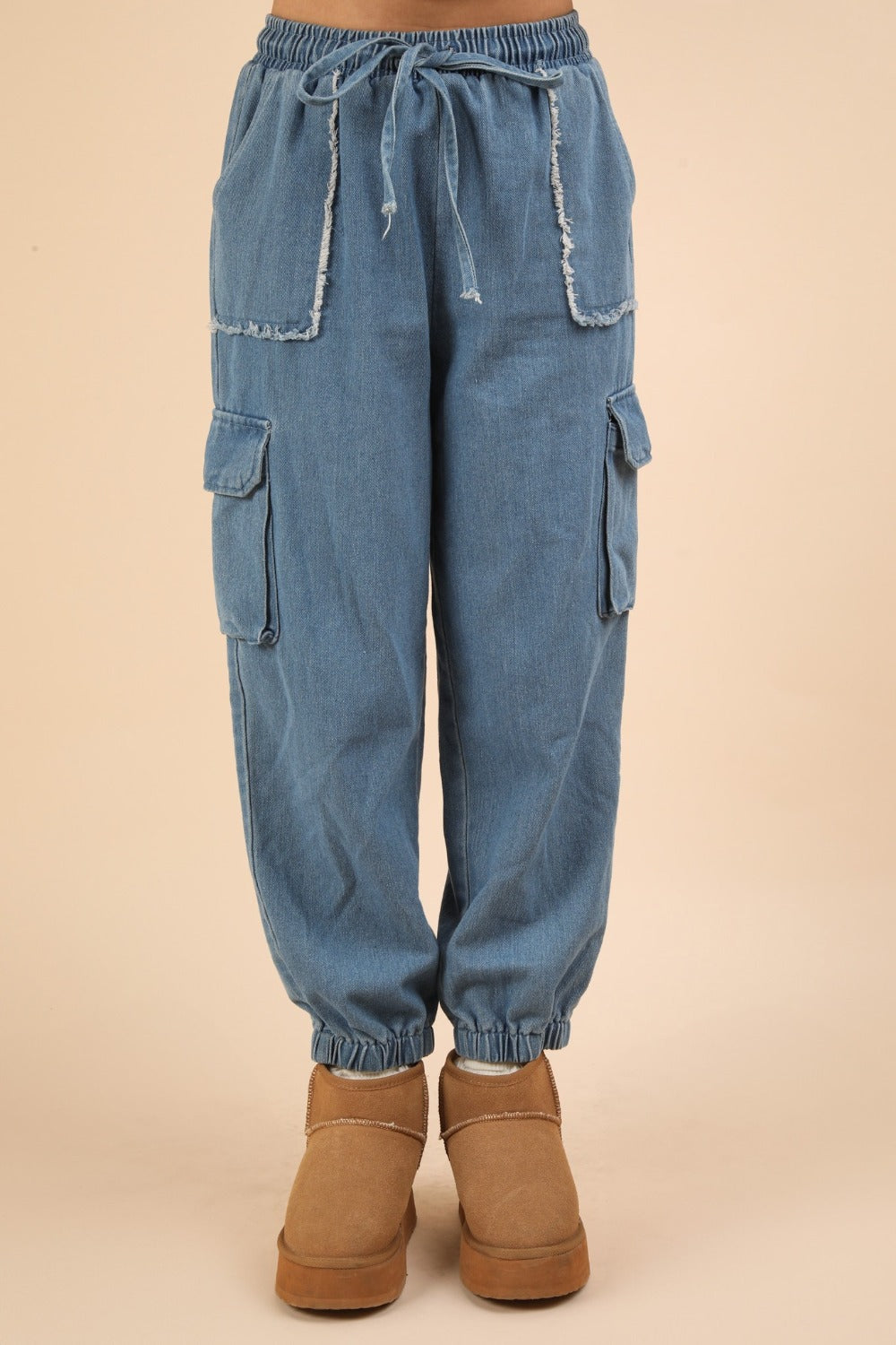 VERY J Washed Drawstring Jogger Cargo Jeans VERY J Washed Drawstring Jogger Cargo Jeans - TopFashionHQ