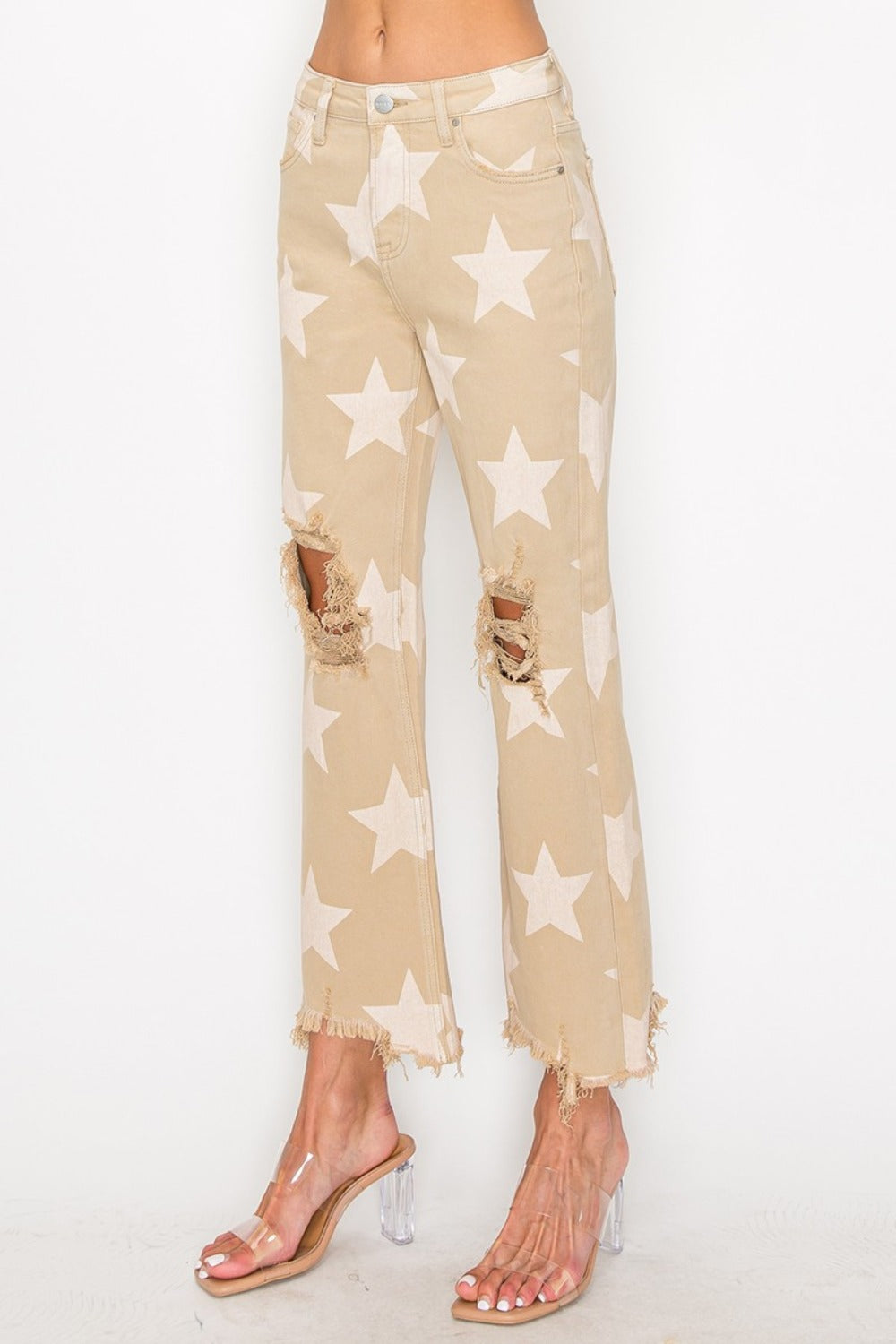 RISEN Full Size High Rise Star Printed Frayed Hem Jeans RISEN Full Size High Rise Star Printed Frayed Hem Jeans - TopFashionHQ