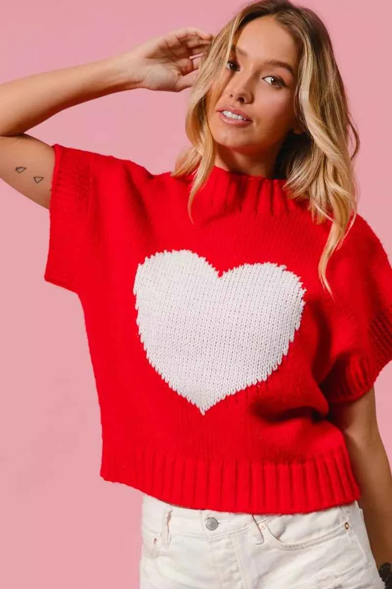 BiBi Rib Banded Heart Pattern Valentines Sweater BiBi Rib Banded Heart Pattern Valentines Sweater