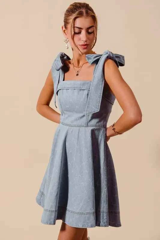 SO ME A Line Fit and Flare Diamond Bow Ribbon Denim Dres SO ME A Line Fit and Flare Diamond Bow Ribbon Denim Dres