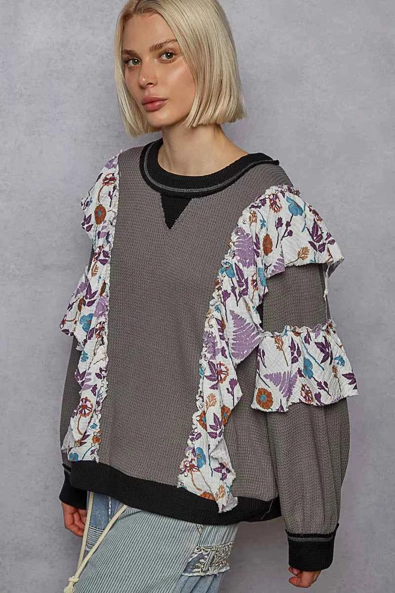 POL Round Neck Sweater with Floral Ruffle Detail POL Round Neck Sweater with Floral Ruffle Detail