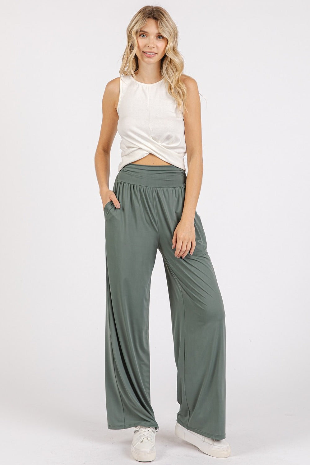 Mittoshop Stretch Banded Waist Wide Leg Pants with Pockets Mittoshop Stretch Banded Waist Wide Leg Pants with Pockets